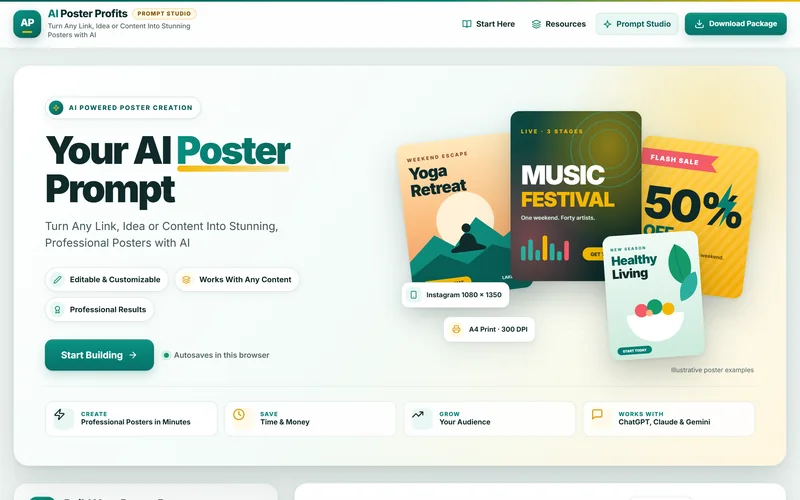 AI Poster Profits Prompt Studio running in the browser