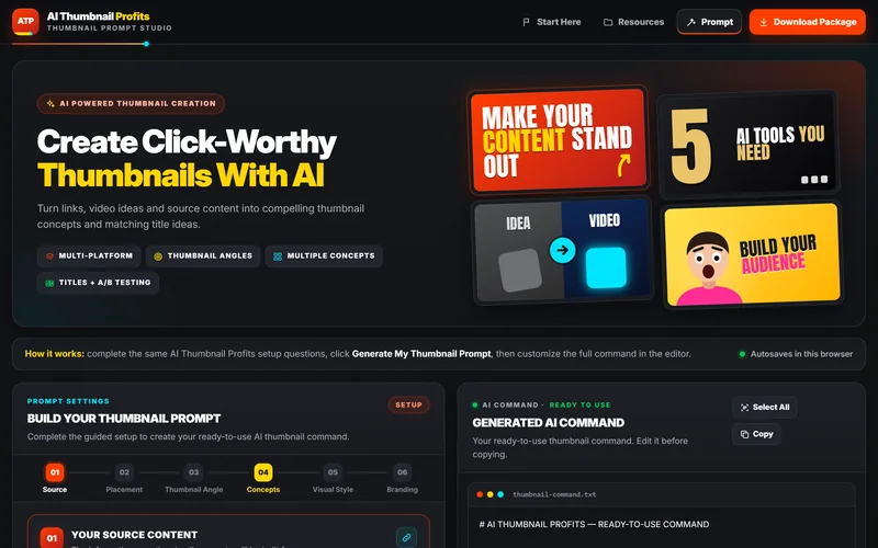 AI Thumbnail Profits Prompt Studio: guided setup on the left and the generated AI command on the right